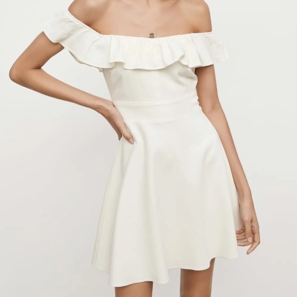 Zara off white Linen Sundress Short Off Shoulder Ruffle Tie Waist Dress prairie - Picture 3 of 9